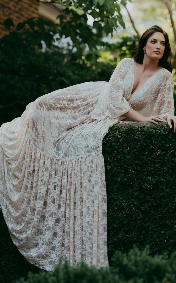 Elysia | A-Line Plunging Neckline Lace Wedding Dress With Open Back