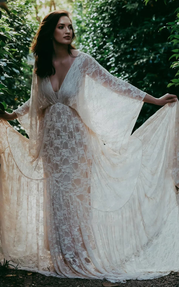 Elysia | A-Line Plunging Neckline Lace Wedding Dress With Open Back