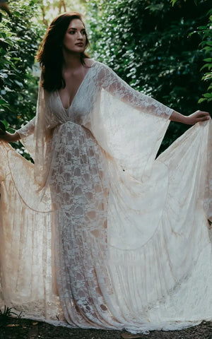 Elysia | A-Line Plunging Neckline Lace Wedding Dress With Open Back