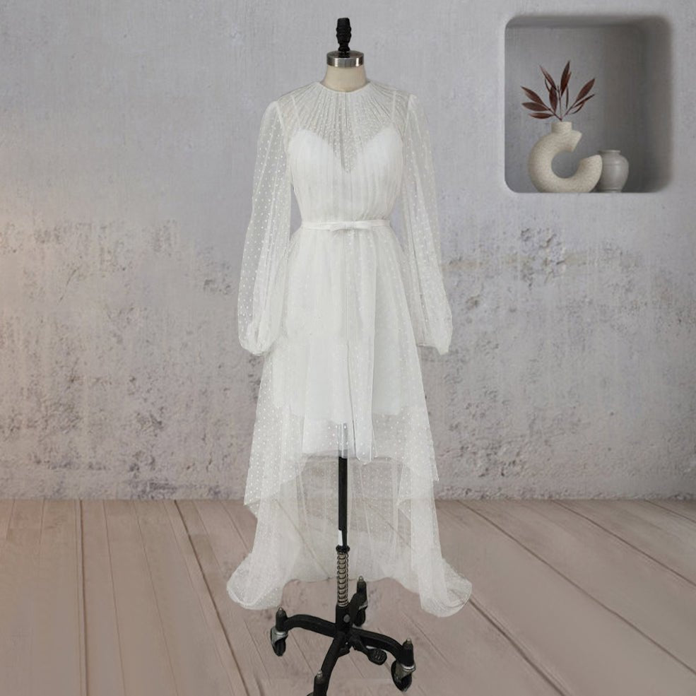 A-Line Polka Dot Illusion Charm Asymmetrical Wedding Dress