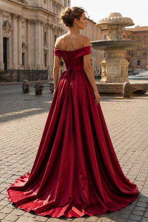 Off Shoulder Prom Dress Long Satin Formal Gowns with Slit - KissProm