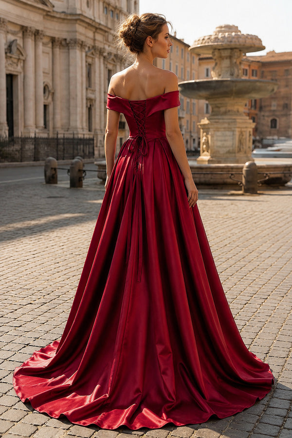 Off Shoulder Prom Dress Long Satin Formal Gowns with Slit - KissProm