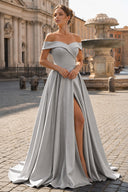 Off Shoulder Prom Dress Long Satin Formal Gowns with Slit - KissProm