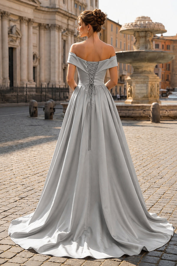 Off Shoulder Prom Dress Long Satin Formal Gowns with Slit - KissProm