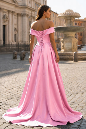 Off Shoulder Prom Dress Long Satin Formal Gowns with Slit - KissProm