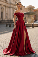 Off Shoulder Prom Dress Long Satin Formal Gowns with Slit - KissProm