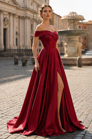Off Shoulder Prom Dress Long Satin Formal Gowns with Slit - KissProm