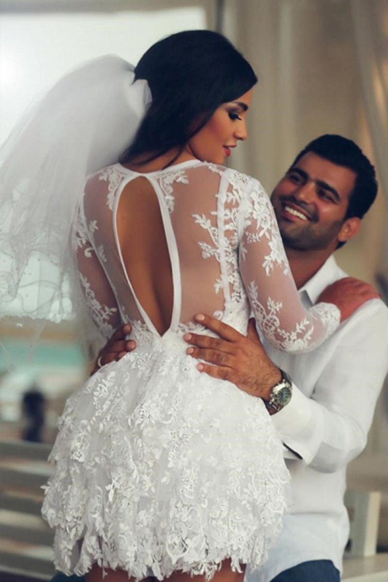 A-Line Illusion Neck Lace Applique Long Sleeves Short-Mini Wedding Dresses, Diamond White / 8