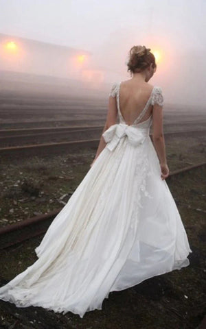 A-line Princess V-neck Floor-length Cap Sleeve Lace Chiffon Wedding Dr