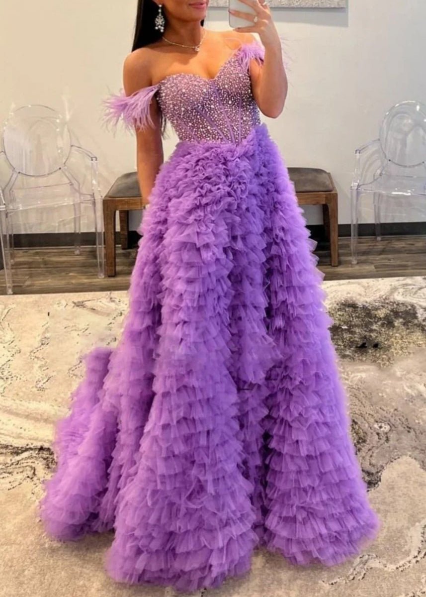 Astrid |A Line Off the Shoulder Tiered Tulle Prom Dress With Slit