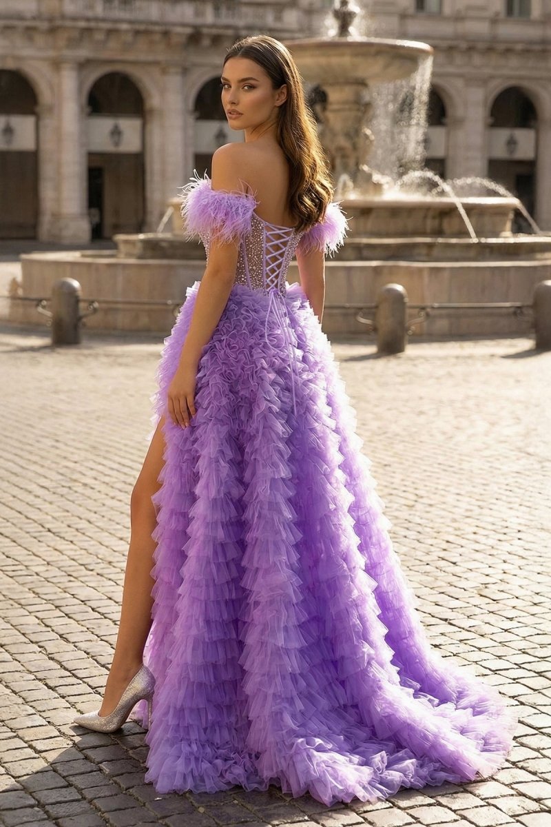A Line Off the Shoulder Tiered Tulle Prom Dress With Slit - KissProm