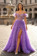 A Line Off the Shoulder Tiered Tulle Prom Dress With Slit - KissProm