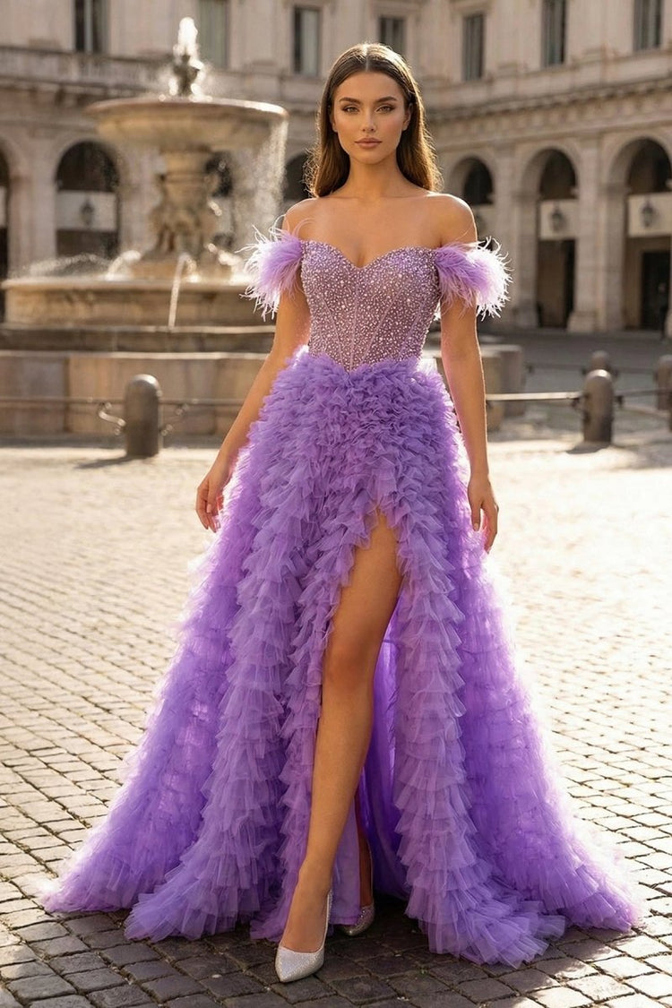purple dress slit Classic Purple Glitter Sleeveless Mermaid Prom Dress With Split