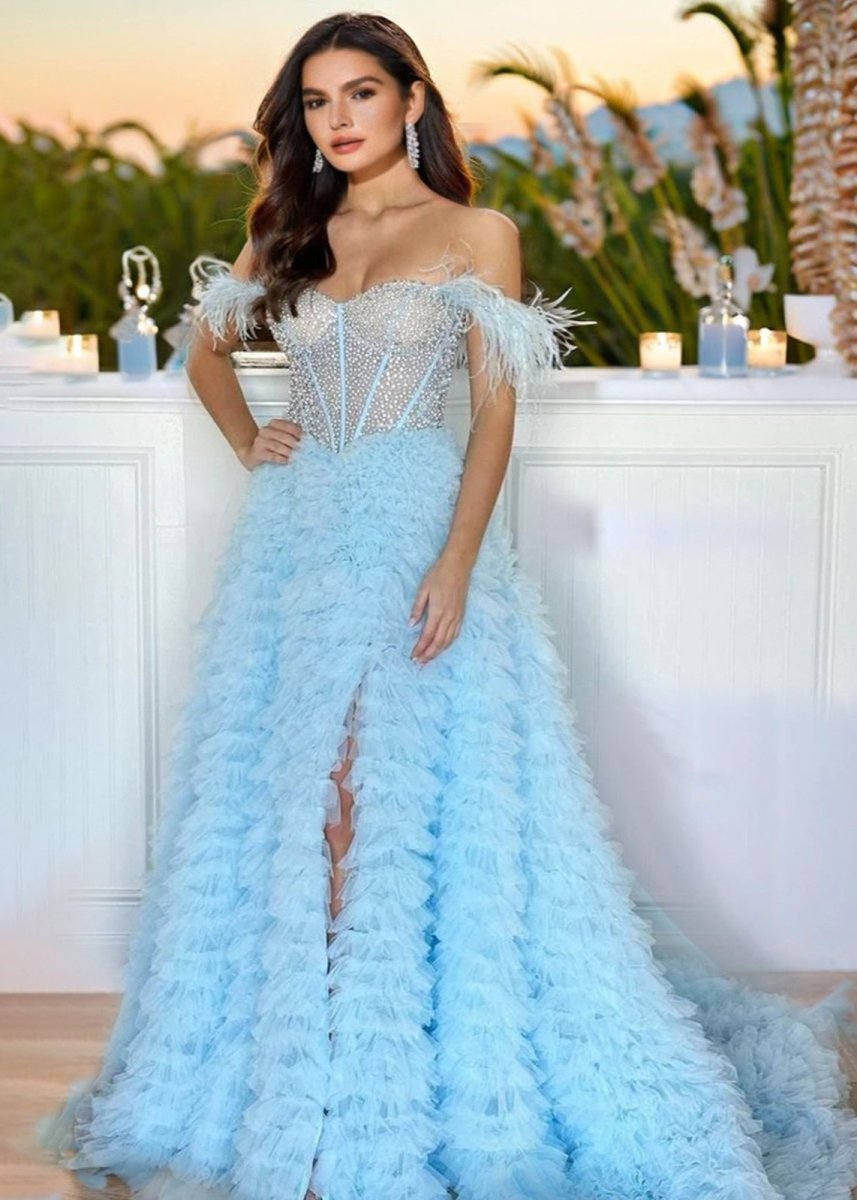 Astrid Lilac A Line Off the Shoulder Tiered Tulle Prom Dress With Slit