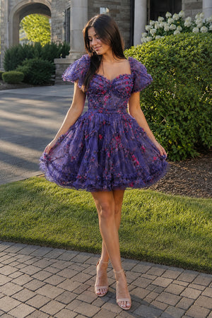 Purple A Line Off the Shoulder Floral Printed Homecoming Dress - KissProm