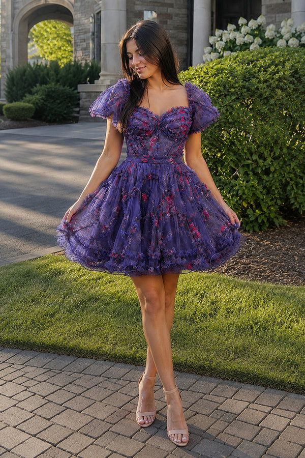 Purple A Line Off the Shoulder Floral Printed Homecoming Dress - KissProm
