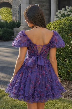 Purple A Line Off the Shoulder Floral Printed Homecoming Dress - KissProm