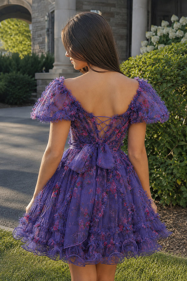 Purple A Line Off the Shoulder Floral Printed Homecoming Dress - KissProm