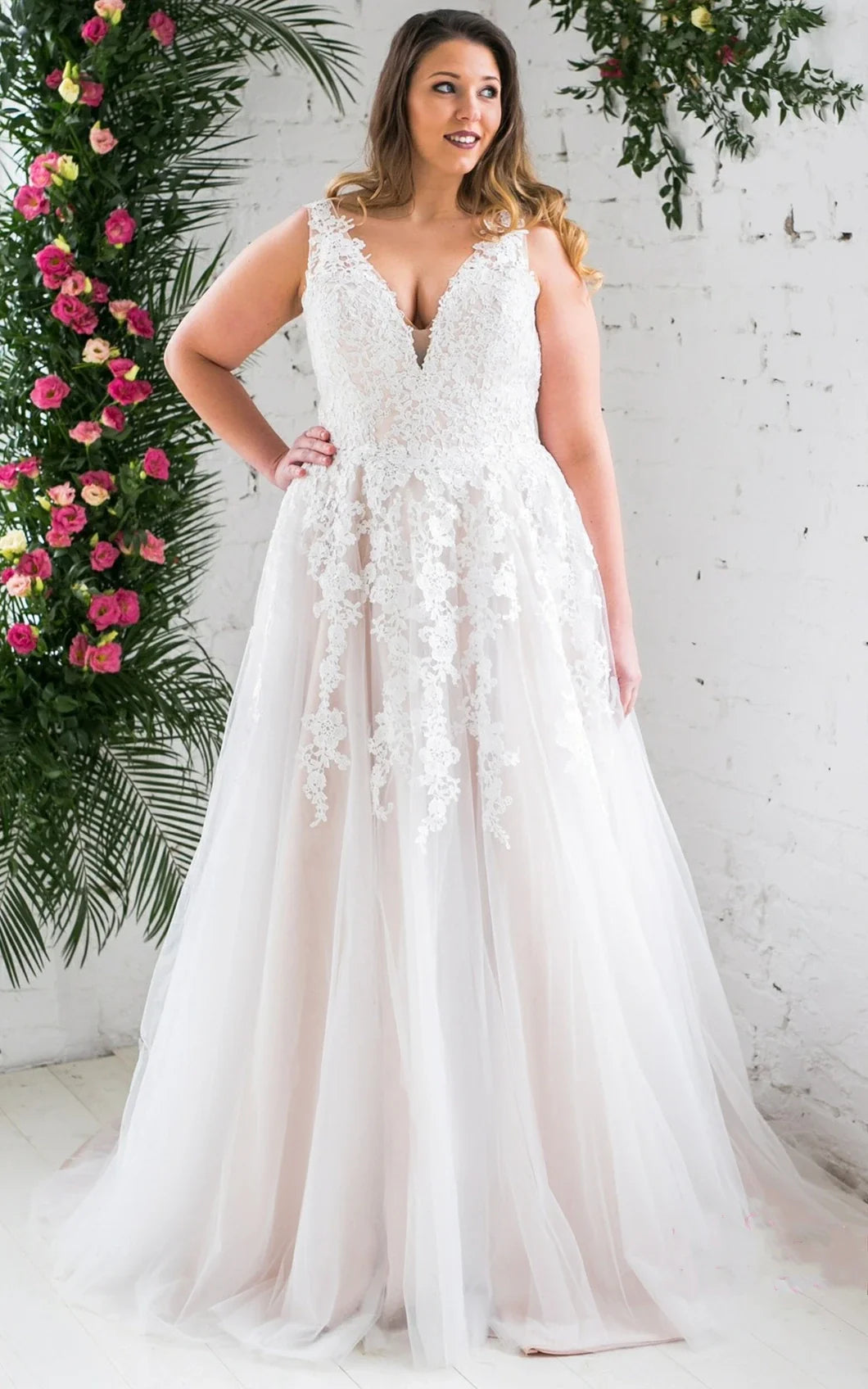 navy blue dress for baby girl ROMANTIC LACE AND TULLE A-LINE WEDDING DRESS WITH PLUNGING NECKLINE main image 0