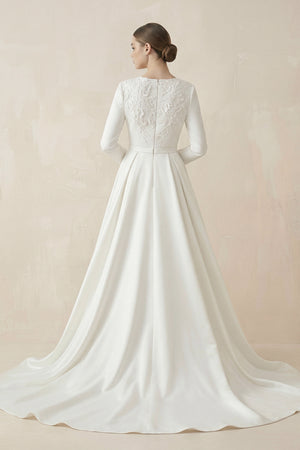 A Line White Long Sleeves Appliqued Wedding Dresses with Train – Wedding Dresses by KissProm | Available at KissProm