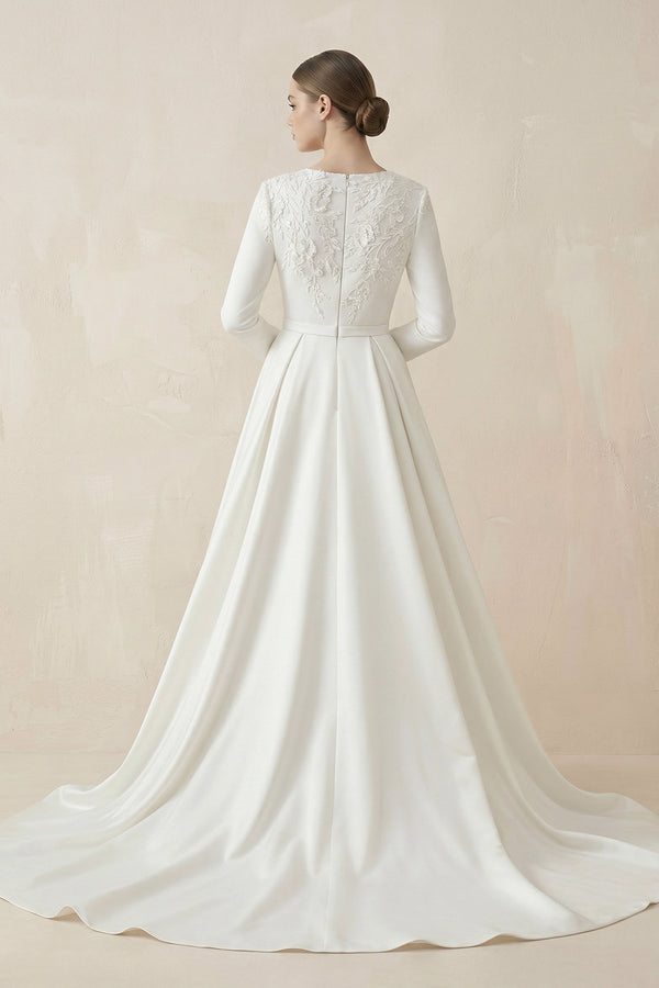 A Line White Long Sleeves Appliqued Wedding Dresses with Train – Wedding Dresses by KissProm | Available at KissProm