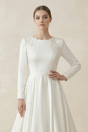 A Line White Long Sleeves Appliqued Wedding Dresses with Train – Wedding Dresses by KissProm | Available at KissProm
