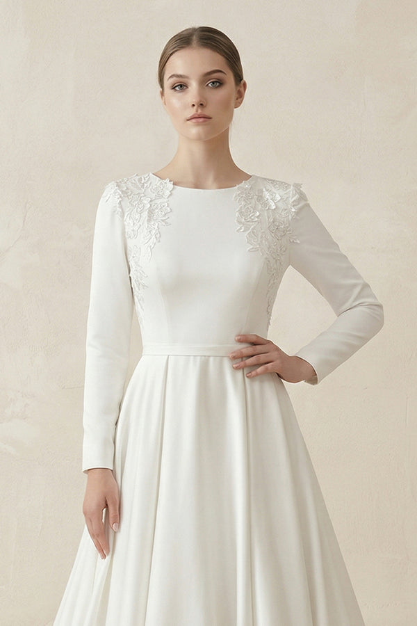 A Line White Long Sleeves Appliqued Wedding Dresses with Train – Wedding Dresses by KissProm | Available at KissProm