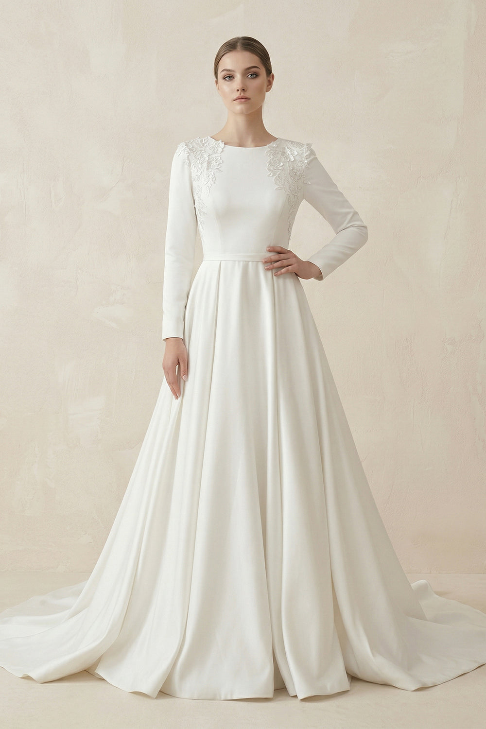 A Line White Long Sleeves Appliqued Wedding Dresses with Train – Wedding Dresses by KissProm | Available at KissProm