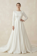 A Line White Long Sleeves Appliqued Wedding Dresses with Train – Wedding Dresses by KissProm | Available at KissProm