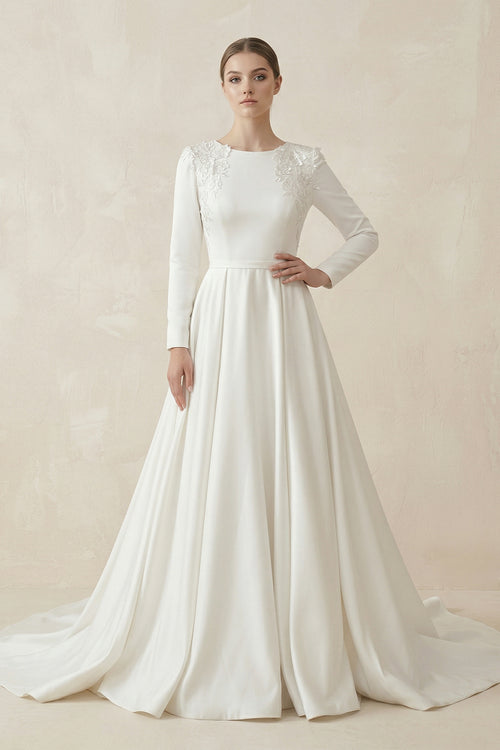 A Line White Long Sleeves Appliqued Wedding Dresses with Train – Wedding Dresses by KissProm | Available at KissProm
