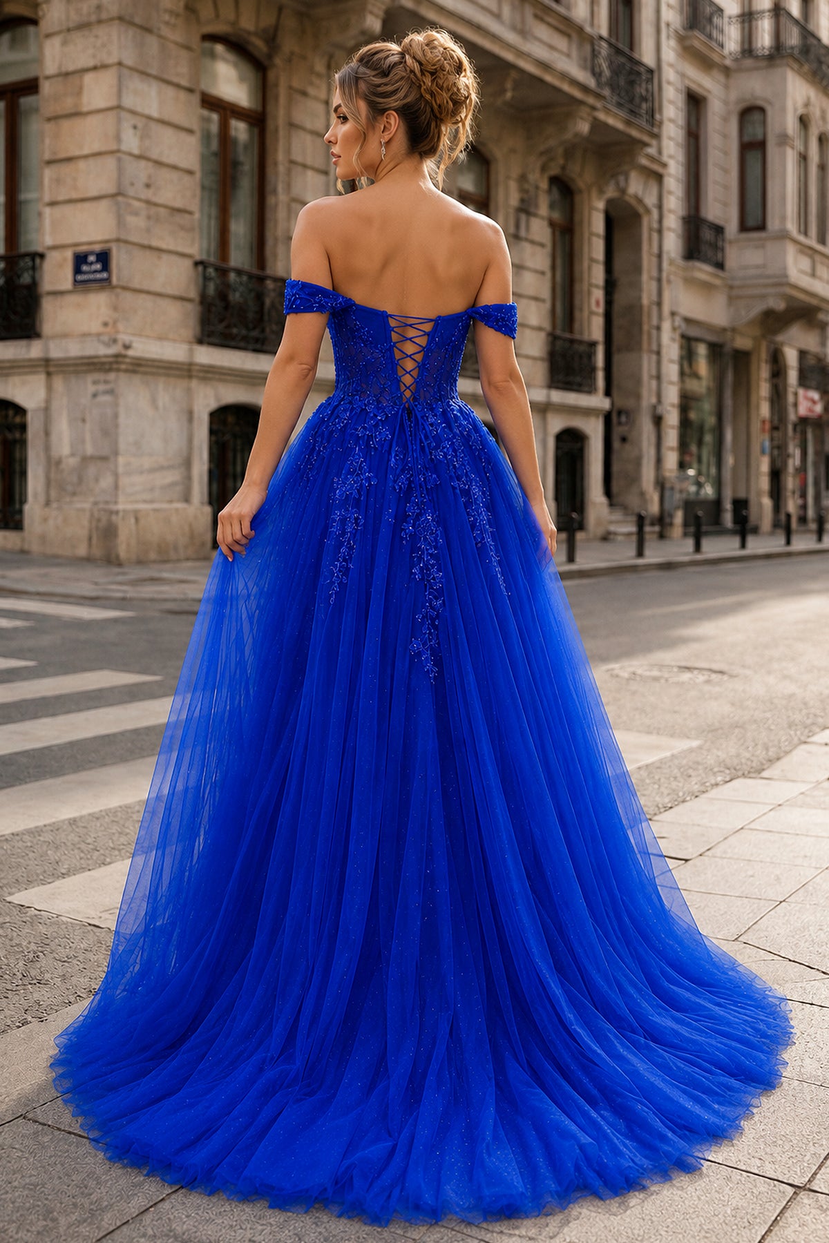 A Line Off the Shoulder Lace Tulle Prom Dress With Slit, Royal Blue / 2 A Line Off the Shoulder Lace Tulle Prom Dress With Slit, Royal Blue / 2