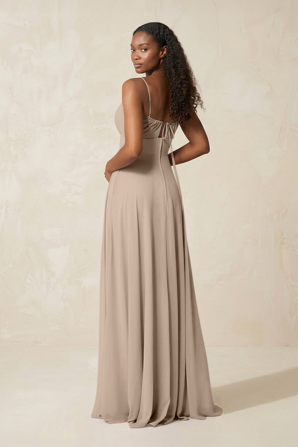 A - Line Ruched Chiffon Spaghetti Strap Bridesmaid Dress in Almond - KissProm Bridesmaid Dresses