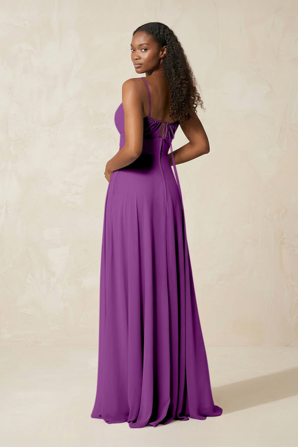 A - Line Ruched Chiffon Spaghetti Strap Bridesmaid Dress in Amethyst - KissProm Bridesmaid Dresses