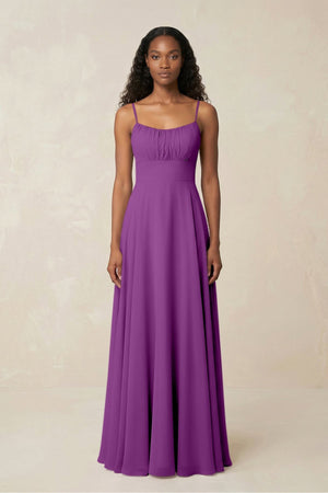 A - Line Ruched Chiffon Spaghetti Strap Bridesmaid Dress in Amethyst - KissProm Bridesmaid Dresses