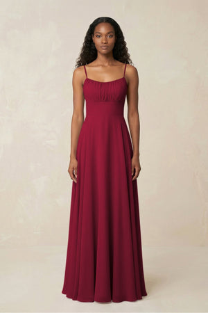 A - Line Ruched Chiffon Spaghetti Strap Bridesmaid Dress in Berry - KissProm Bridesmaid Dresses