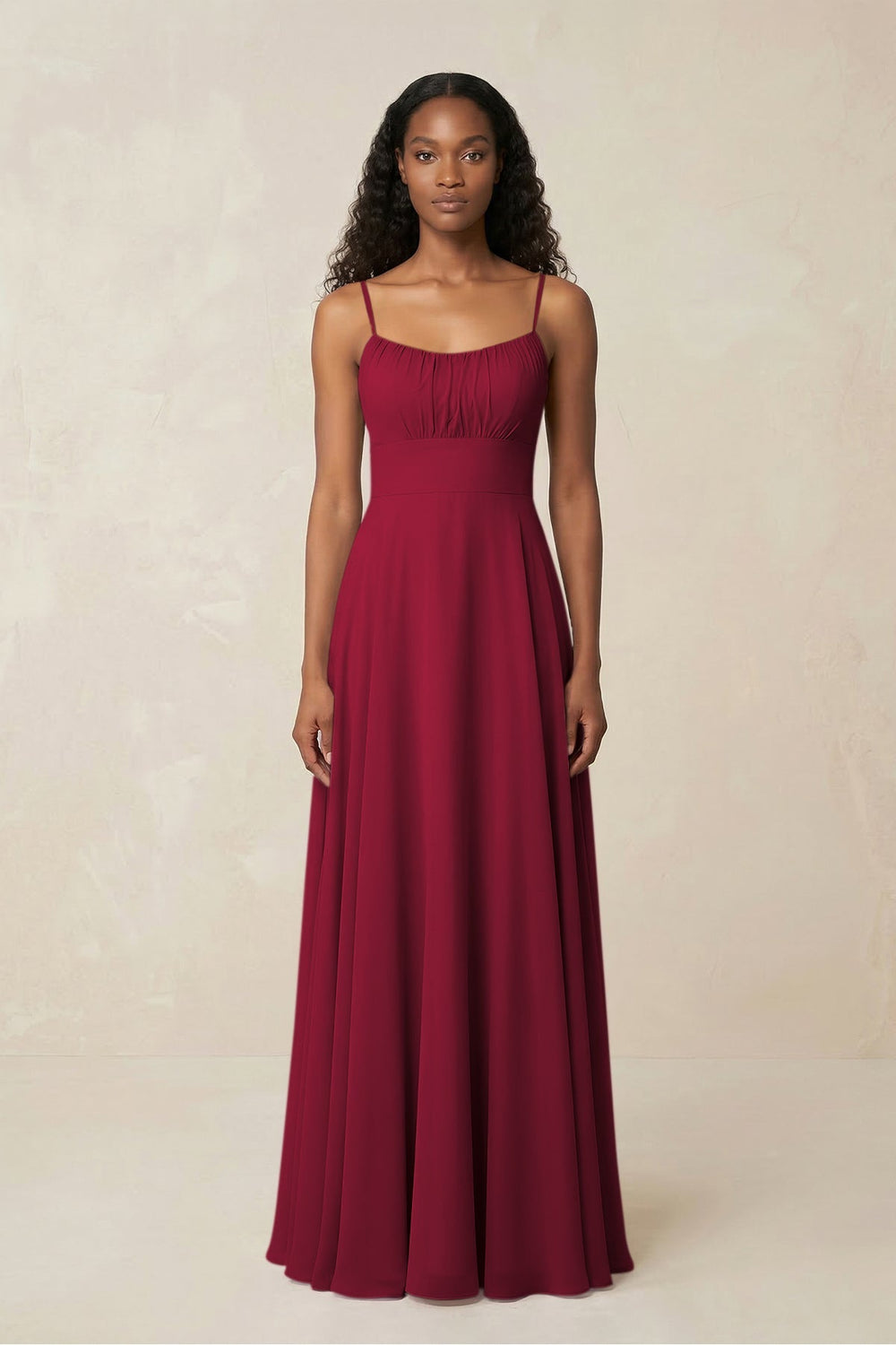 A - Line Ruched Chiffon Spaghetti Strap Bridesmaid Dress in Berry - KissProm Bridesmaid Dresses
