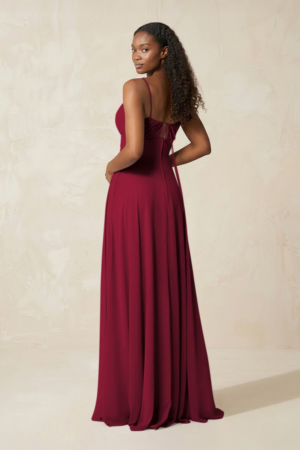 A - Line Ruched Chiffon Spaghetti Strap Bridesmaid Dress in Berry - KissProm Bridesmaid Dresses