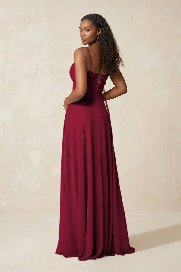 A - Line Ruched Chiffon Spaghetti Strap Bridesmaid Dress in Berry - KissProm Bridesmaid Dresses
