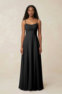 A - Line Ruched Chiffon Spaghetti Strap Bridesmaid Dress in Black - KissProm Bridesmaid Dresses