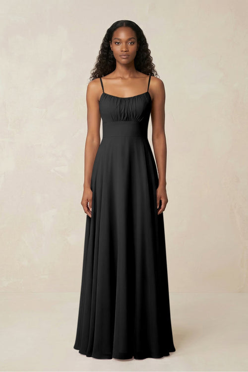 A - Line Ruched Chiffon Spaghetti Strap Bridesmaid Dress in Black - KissProm Bridesmaid Dresses