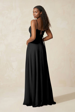 A - Line Ruched Chiffon Spaghetti Strap Bridesmaid Dress in Black - KissProm Bridesmaid Dresses