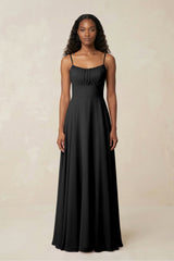 A - Line Ruched Chiffon Spaghetti Strap Bridesmaid Dress in Black - KissProm Bridesmaid Dresses
