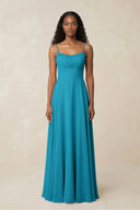 A - Line Ruched Chiffon Spaghetti Strap Bridesmaid Dress in Blue Jay - KissProm Bridesmaid Dresses