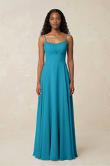 A - Line Ruched Chiffon Spaghetti Strap Bridesmaid Dress in Blue Jay - KissProm Bridesmaid Dresses