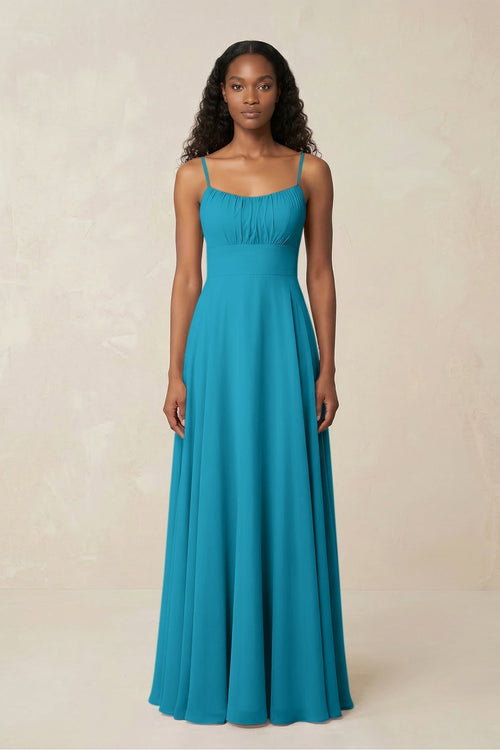 A - Line Ruched Chiffon Spaghetti Strap Bridesmaid Dress in Blue Jay - KissProm Bridesmaid Dresses