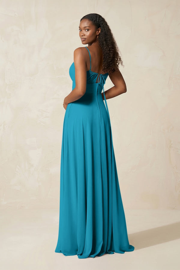 A - Line Ruched Chiffon Spaghetti Strap Bridesmaid Dress in Blue Jay - KissProm Bridesmaid Dresses