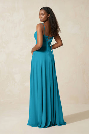 A - Line Ruched Chiffon Spaghetti Strap Bridesmaid Dress in Blue Jay - KissProm Bridesmaid Dresses