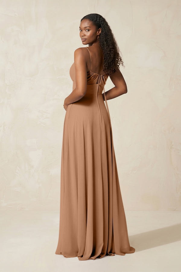 A - Line Ruched Chiffon Spaghetti Strap Bridesmaid Dress in Bronzer - KissProm Bridesmaid Dresses