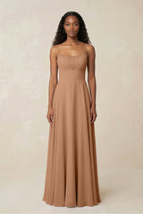 A - Line Ruched Chiffon Spaghetti Strap Bridesmaid Dress in Bronzer - KissProm Bridesmaid Dresses