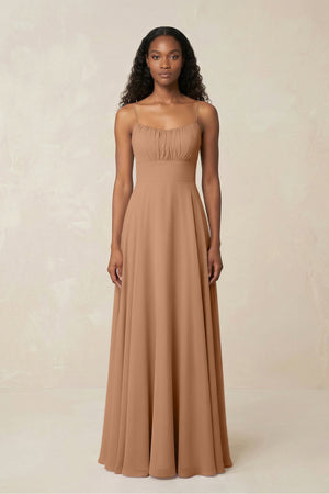A - Line Ruched Chiffon Spaghetti Strap Bridesmaid Dress in Bronzer - KissProm Bridesmaid Dresses